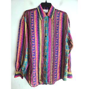 INKA Women Blue Purple Gold Tapestry Print 100% Silk Button Down Shirt sz Medium